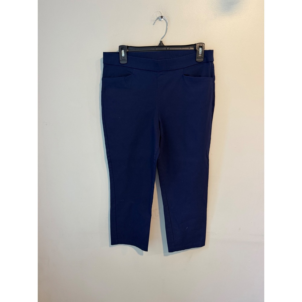 Susan Graver Navy Blue Pull On Crop Pants Womens 12P Petite Stretch Trousers